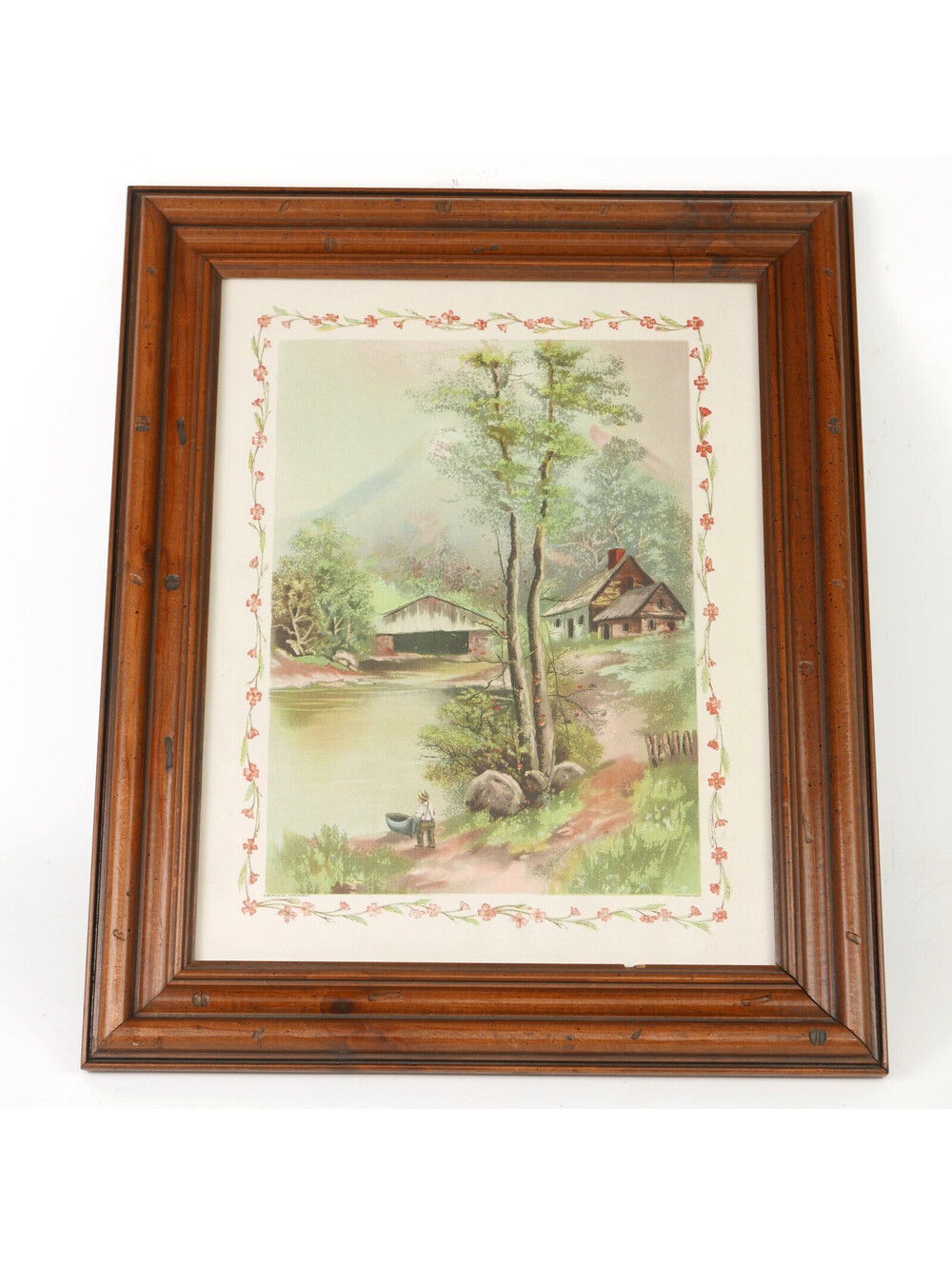 Antique Lithograph Print Landscape Country Cottage Floral Border Gibson Co 1894